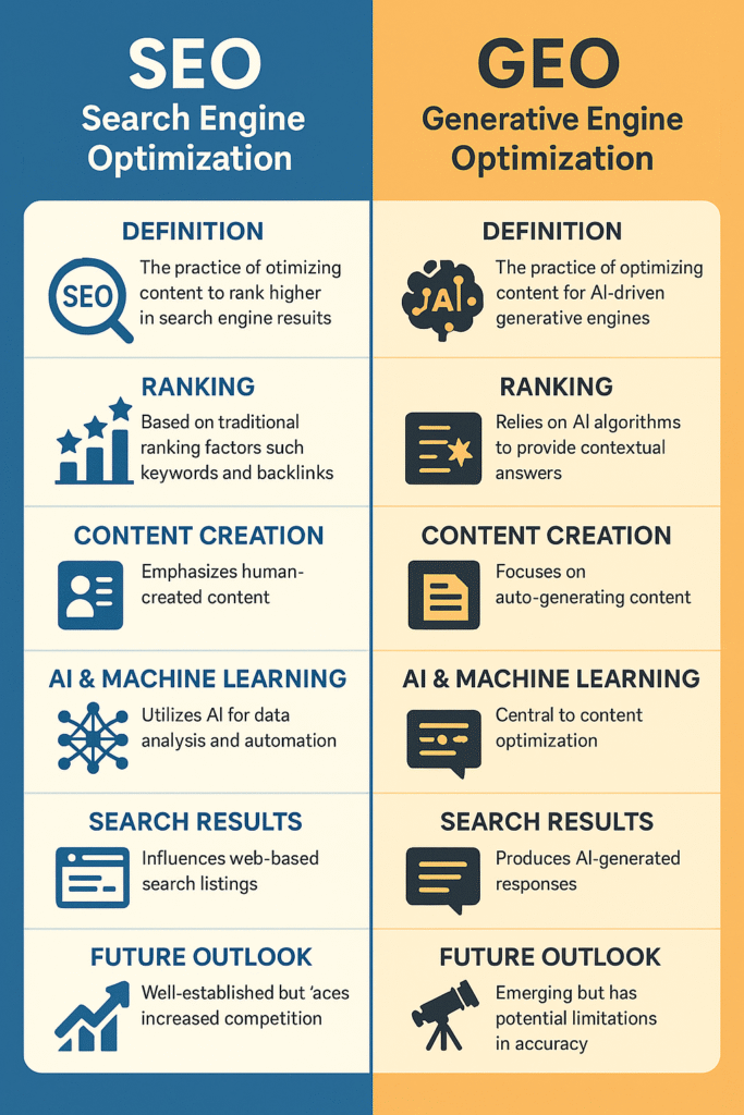 SEO vs GEO Differences - Search Engine Optimization vs Generative Engine Optimization