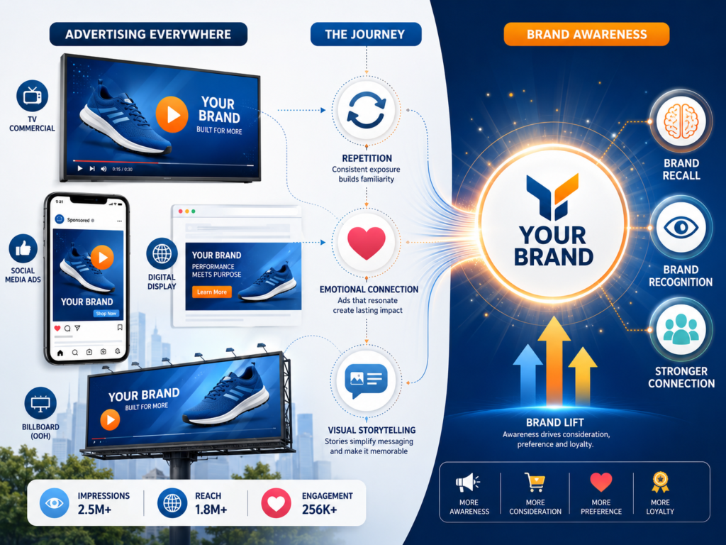 How do commercials or advertisements contribute to brand awareness